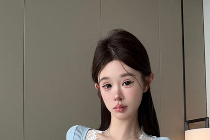 Short Sleeve V-Neck Bow Panel Lace Top