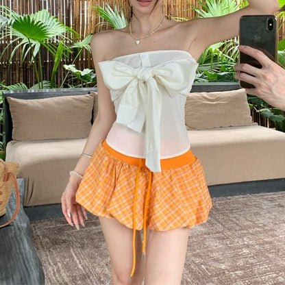 Plain Bow Tube Top / Drawstring Waist Plaid Mini A-Line Balloon Skirt