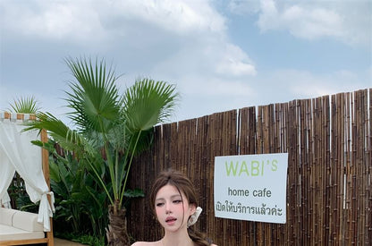 Plain Bow Tube Top / Drawstring Waist Plaid Mini A-Line Balloon Skirt