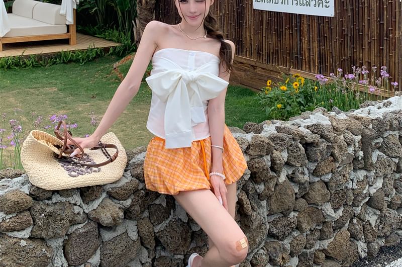 Plain Bow Tube Top / Drawstring Waist Plaid Mini A-Line Balloon Skirt