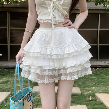 High Waist Plain Tiered Panel Lace Mini A-Line Skirt