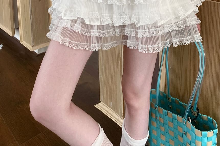 High Waist Plain Tiered Panel Lace Mini A-Line Skirt
