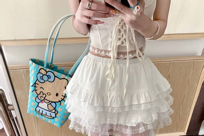 High Waist Plain Tiered Panel Lace Mini A-Line Skirt