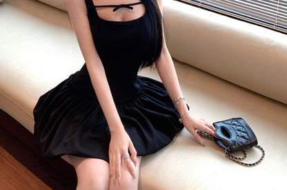 Sleeveless Square Neck Plain Bow Gathered Mini A-Line Dress