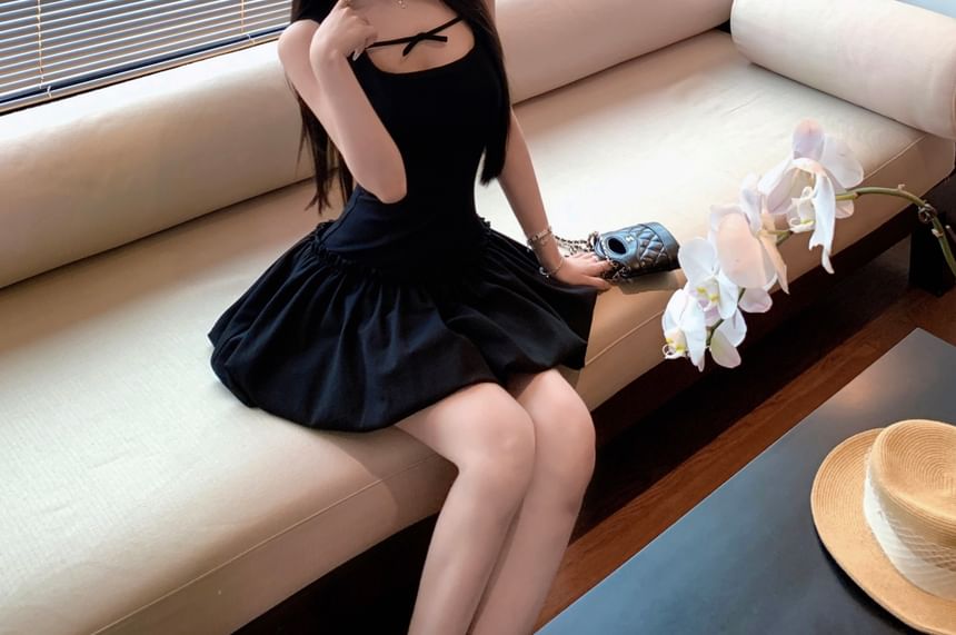 Sleeveless Square Neck Plain Bow Gathered Mini A-Line Dress