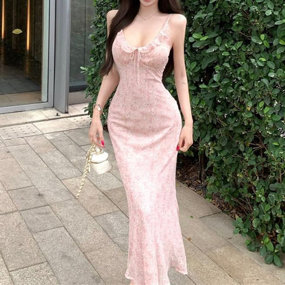 Spaghetti Strap Floral Print Bow Ruffle Maxi Sheath Dress