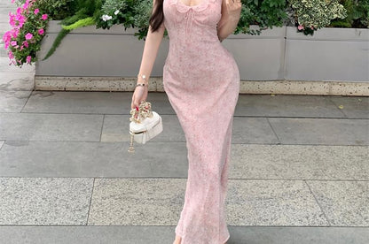 Spaghetti Strap Floral Print Bow Ruffle Maxi Sheath Dress