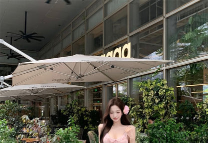 Spaghetti Strap Floral Print Bow Ruffle Maxi Sheath Dress