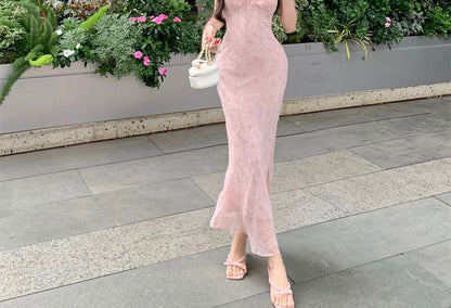 Spaghetti Strap Floral Print Bow Ruffle Maxi Sheath Dress