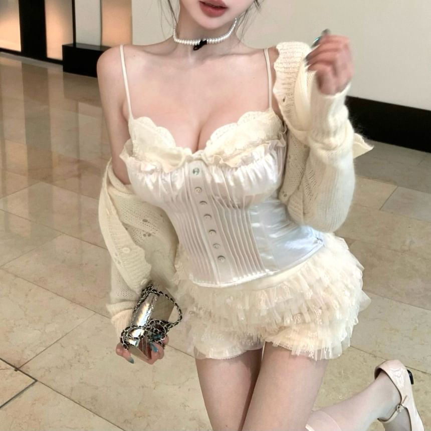 Plain Button Lace Panel Satin Camisole Top / V-Neck Plain Pointelle Cardigan / High Waist Tiered Mesh Shorts