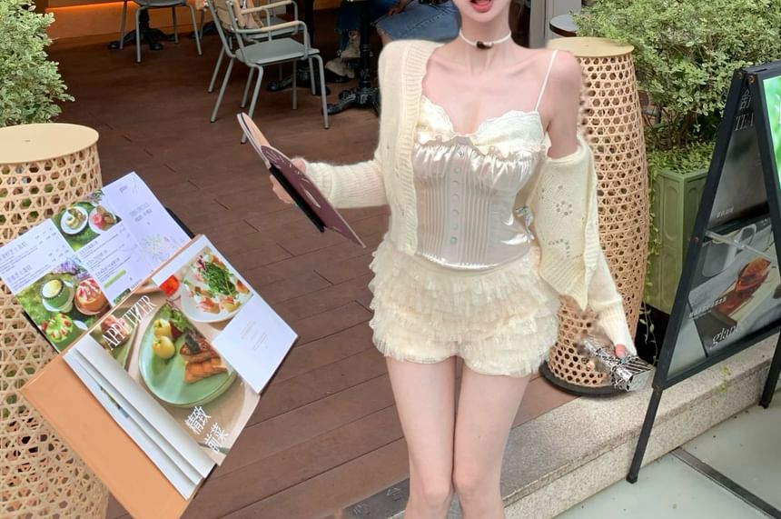 Plain Button Lace Panel Satin Camisole Top / V-Neck Plain Pointelle Cardigan / High Waist Tiered Mesh Shorts