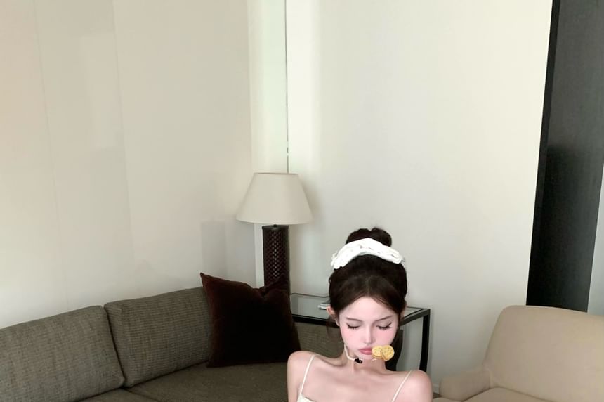 Plain Button Lace Panel Satin Camisole Top / V-Neck Plain Pointelle Cardigan / High Waist Tiered Mesh Shorts