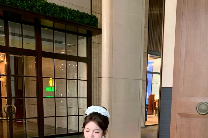 Plain Button Lace Panel Satin Camisole Top / V-Neck Plain Pointelle Cardigan / High Waist Tiered Mesh Shorts