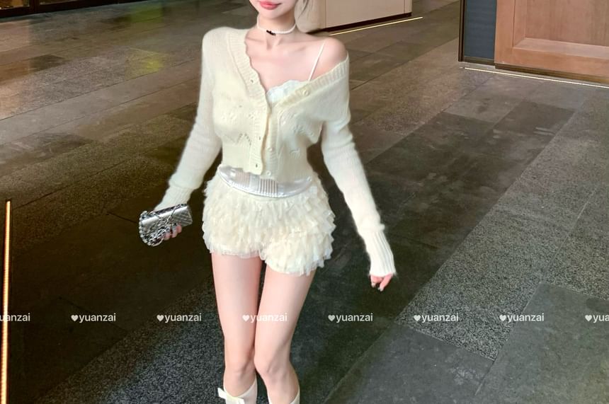 Plain Button Lace Panel Satin Camisole Top / V-Neck Plain Pointelle Cardigan / High Waist Tiered Mesh Shorts