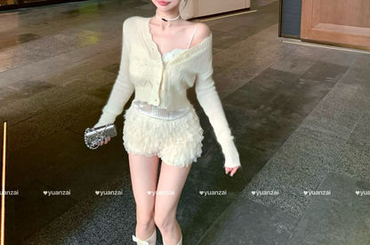 Plain Button Lace Panel Satin Camisole Top / V-Neck Plain Pointelle Cardigan / High Waist Tiered Mesh Shorts