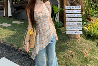 Plaid Asymmetrical Camisole Top