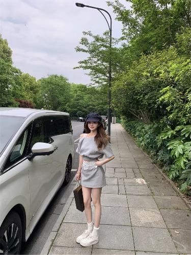 Set: Sleeveless Cold Shoulder Panel Lace Crop Top + High Waist Mini Pencil Skirt