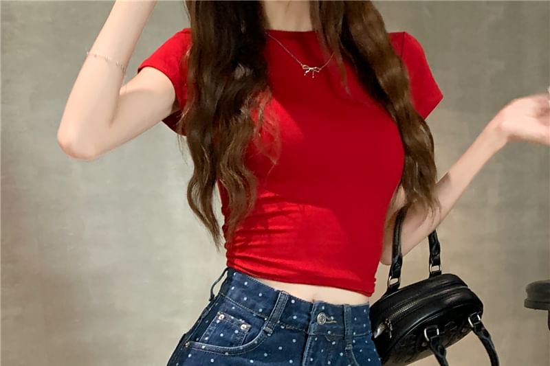 High Rise Polka Dot Fray Mini A-Line Denim Skirt