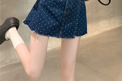 High Rise Polka Dot Fray Mini A-Line Denim Skirt