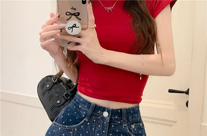 High Rise Polka Dot Fray Mini A-Line Denim Skirt