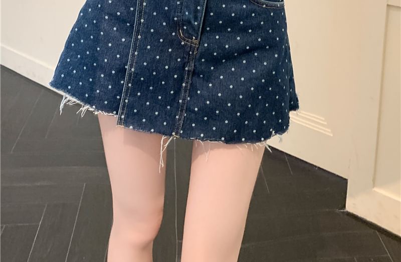 High Rise Polka Dot Fray Mini A-Line Denim Skirt