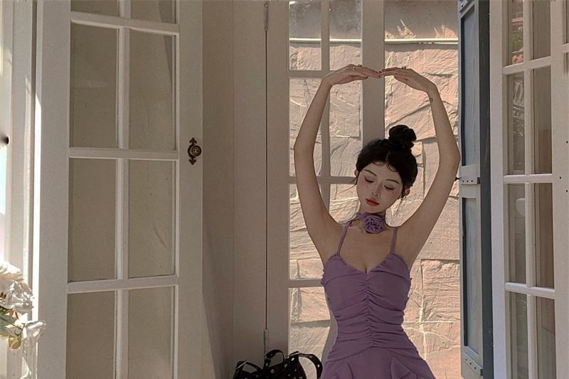 Spaghetti Strap Plain Ruffle Ruched Mini A-Line Dress