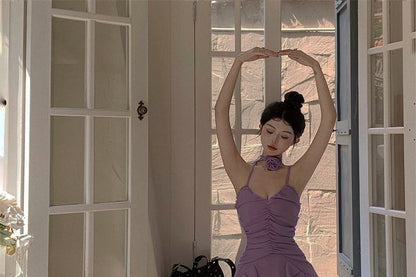 Spaghetti Strap Plain Ruffle Ruched Mini A-Line Dress