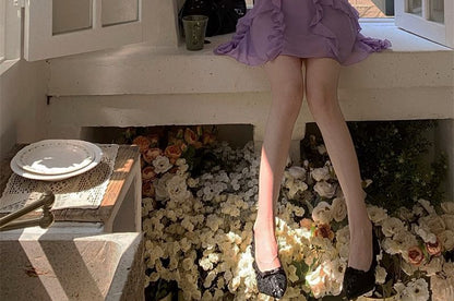 Spaghetti Strap Plain Ruffle Ruched Mini A-Line Dress