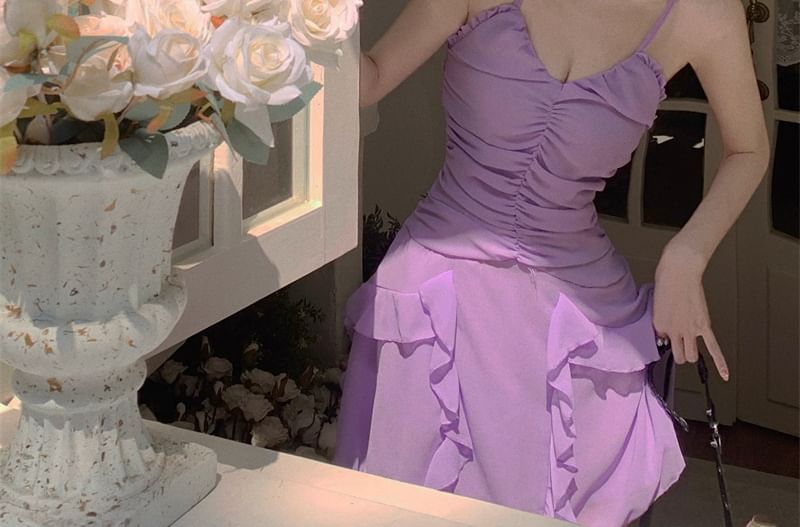 Spaghetti Strap Plain Ruffle Ruched Mini A-Line Dress