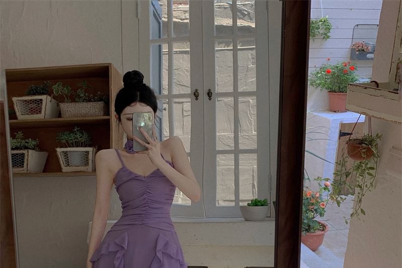 Spaghetti Strap Plain Ruffle Ruched Mini A-Line Dress