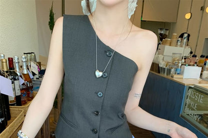 Sleeveless One Shoulder Plain Button Top / Drawstring Waist Plain Mini A-Line Balloon Skirt