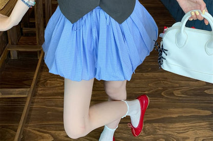 Sleeveless One Shoulder Plain Button Top / Drawstring Waist Plain Mini A-Line Balloon Skirt