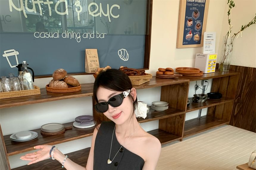 Sleeveless One Shoulder Plain Button Top / Drawstring Waist Plain Mini A-Line Balloon Skirt