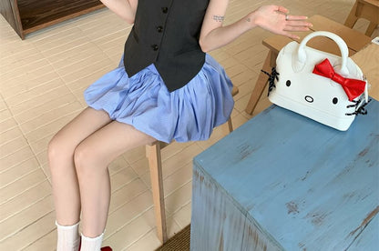 Sleeveless One Shoulder Plain Button Top / Drawstring Waist Plain Mini A-Line Balloon Skirt