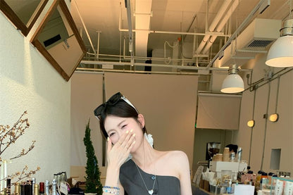 Sleeveless One Shoulder Plain Button Top / Drawstring Waist Plain Mini A-Line Balloon Skirt