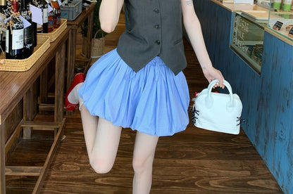 Sleeveless One Shoulder Plain Button Top / Drawstring Waist Plain Mini A-Line Balloon Skirt
