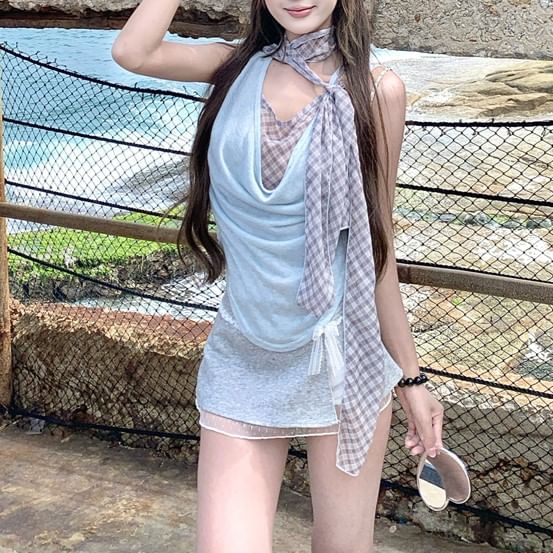 Sleeveless Cowl Neck Plaid Mock Two Piece Top