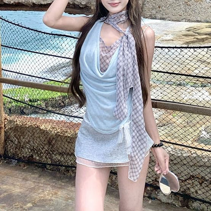 Sleeveless Cowl Neck Plaid Mock Two Piece Top