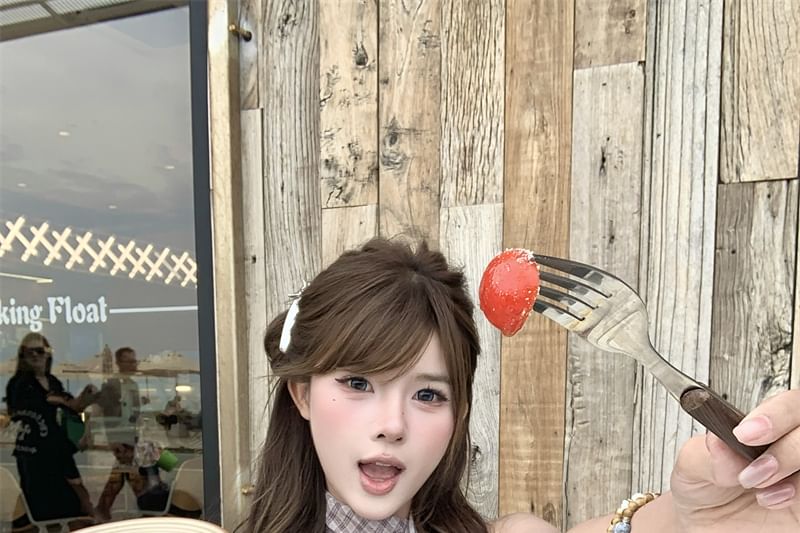 Sleeveless Cowl Neck Plaid Mock Two Piece Top