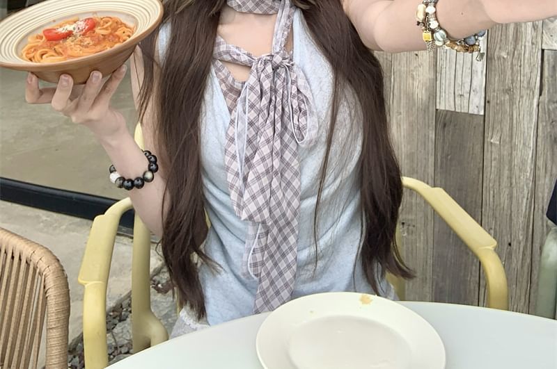 Sleeveless Cowl Neck Plaid Mock Two Piece Top