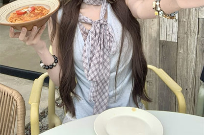 Sleeveless Cowl Neck Plaid Mock Two Piece Top