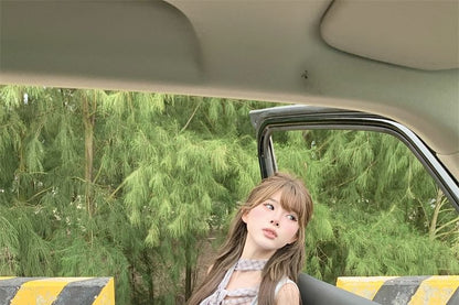 Sleeveless Cowl Neck Plaid Mock Two Piece Top