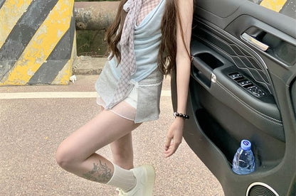 Sleeveless Cowl Neck Plaid Mock Two Piece Top