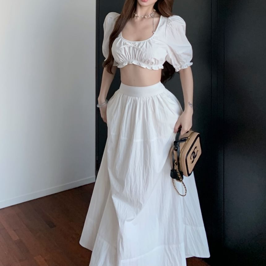 Sleeveless Scoop Neck Plain Bow Frill Crop Blouse / High Rise Maxi A-Line Skirt