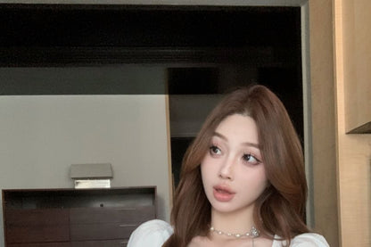 Sleeveless Scoop Neck Plain Bow Frill Crop Blouse / High Rise Maxi A-Line Skirt