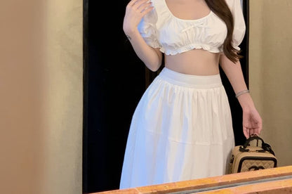 Sleeveless Scoop Neck Plain Bow Frill Crop Blouse / High Rise Maxi A-Line Skirt