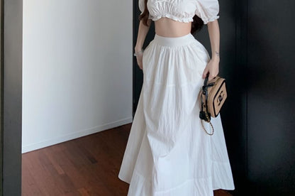 Sleeveless Scoop Neck Plain Bow Frill Crop Blouse / High Rise Maxi A-Line Skirt