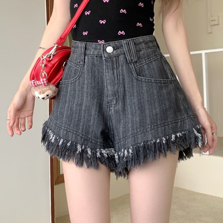 High Waist Washed Fringe Denim Shorts