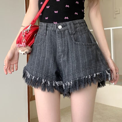 High Waist Washed Fringe Denim Shorts