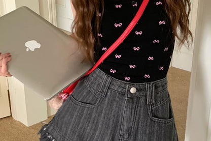 High Waist Washed Fringe Denim Shorts